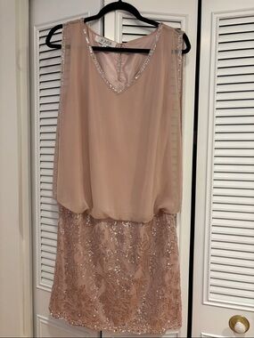 J Kara Blush Pink Beaded Chiffon Overlay Cocktail Dress